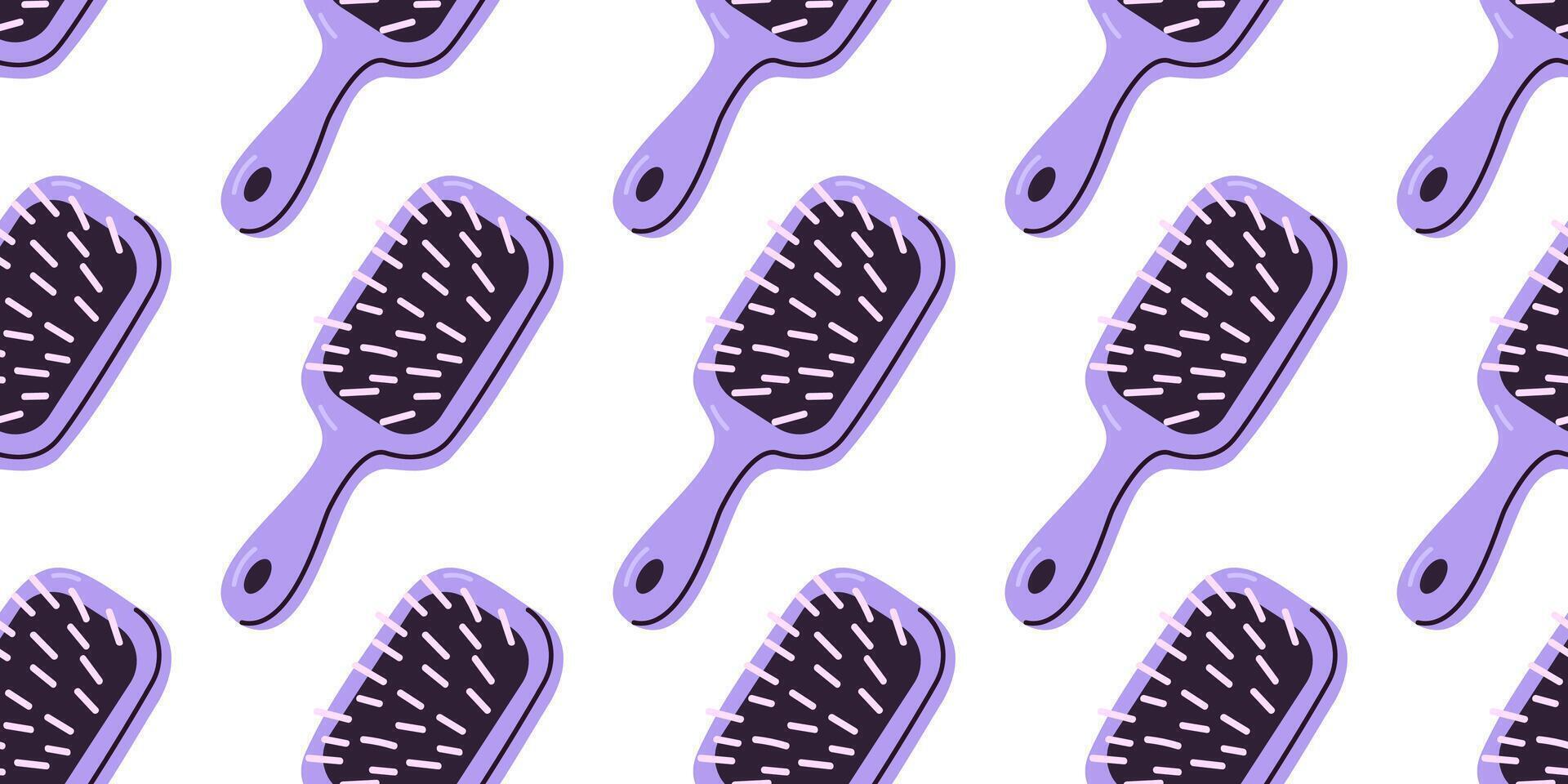 Repeating pattern featuring violet paddle hair brushes with soft bristles on white background vector