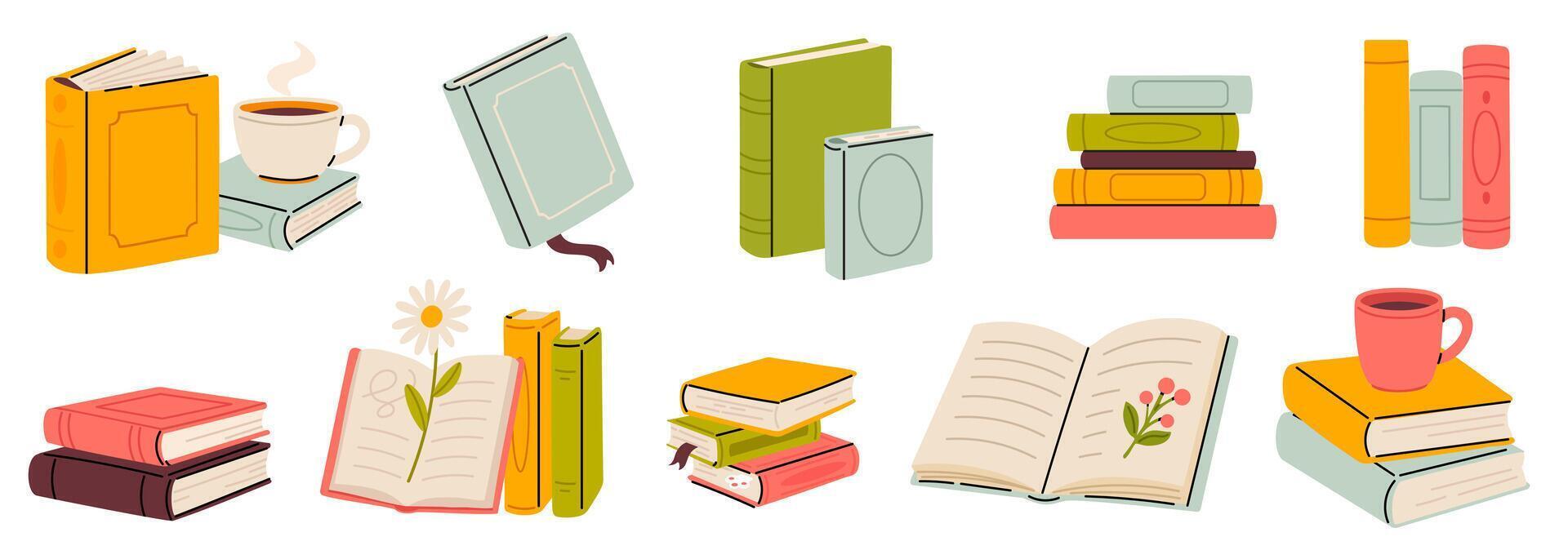 Colorful books and coffee cup illustrations vector
