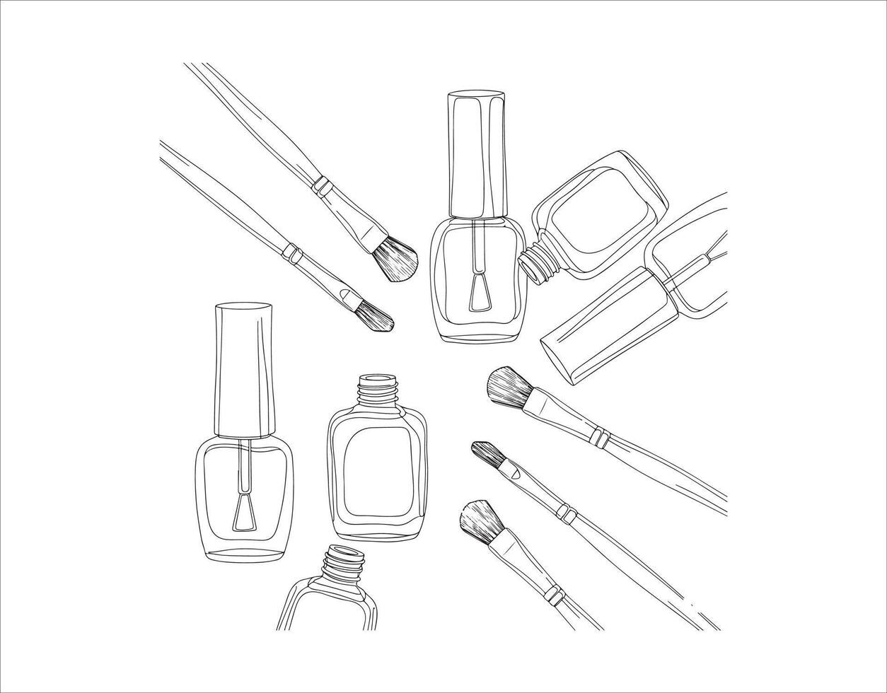 Bottles of nail polish and brushes illustrated in a linear style on a beige backdrop vector