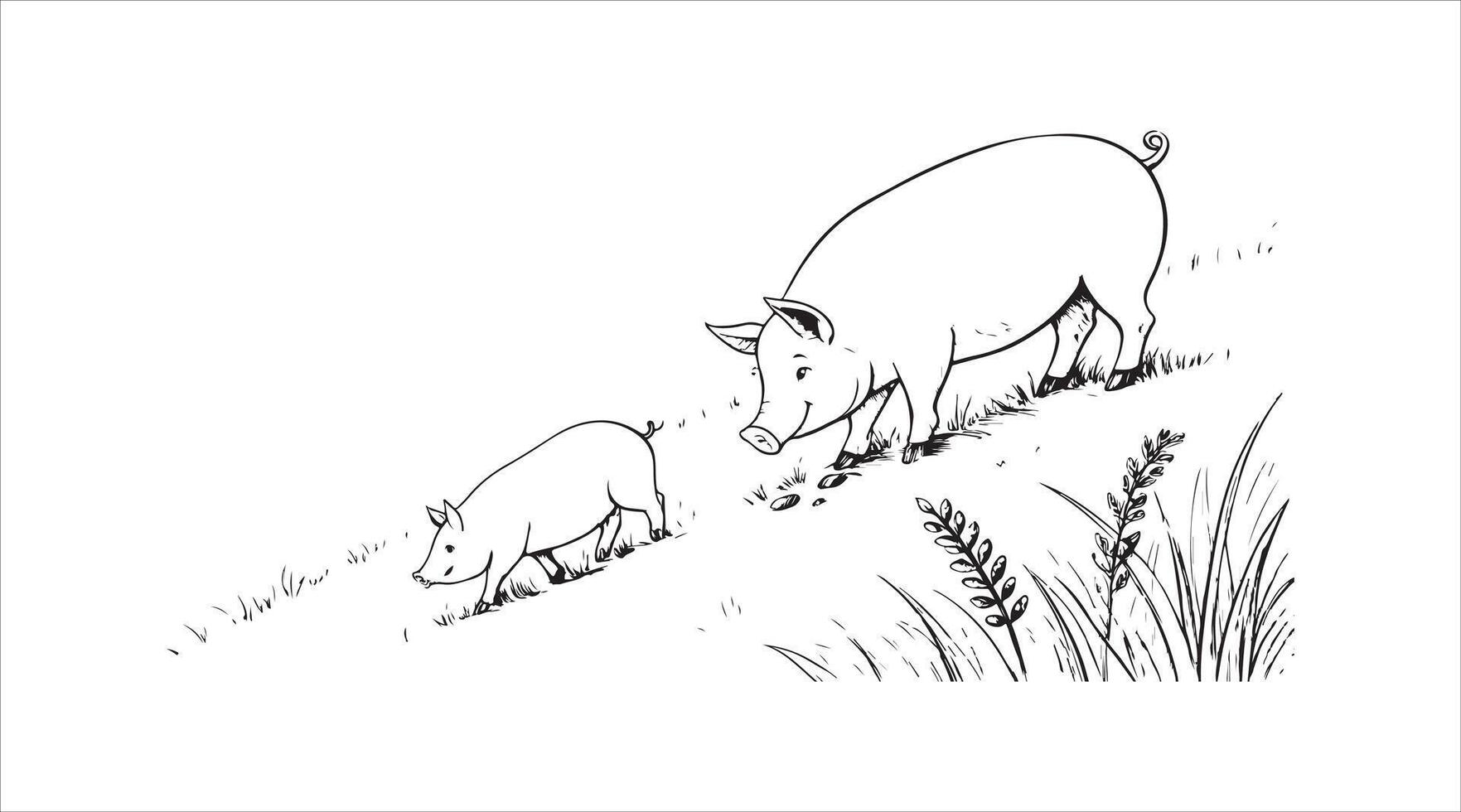A graphic sketch in black and white showing pigs enjoying grass on a hillside. vector