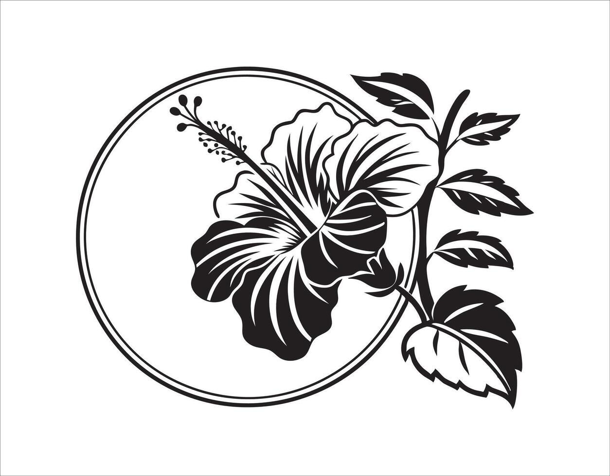 Black and white hibiscus flower in a circle vector