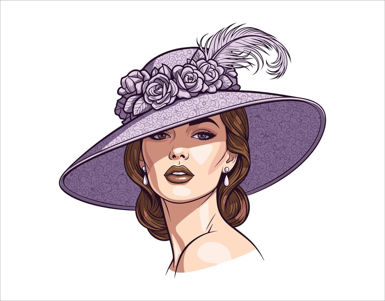 Woman sporting colorful lips and a stunning hat. art vector