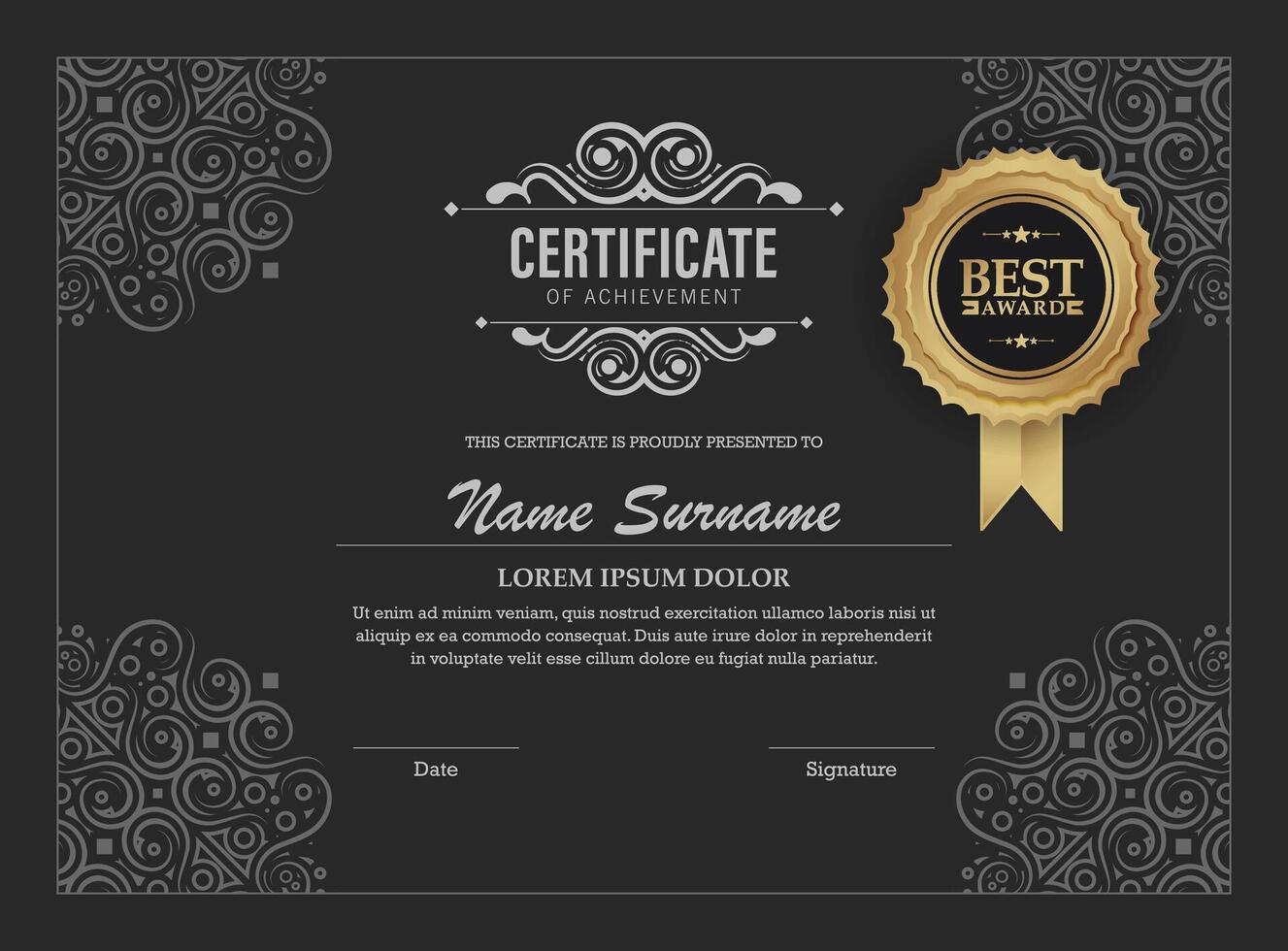 Elegant Ornate Black and Gold Best Award Certificate of Achievement Template vector