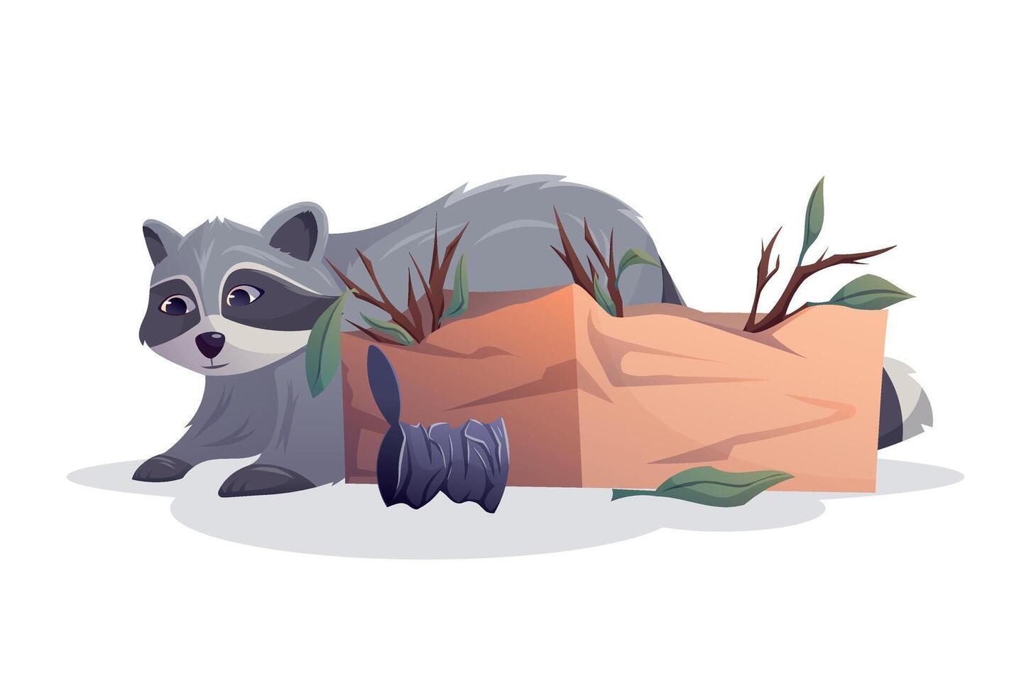 Cartoon Raccoon Nesting in Cardboard Box with Sticks and Trash. Cute Wildlife Animal Living Among Urban Waste. Perfect for Environmental, Education, or Pest Control Concepts. vector