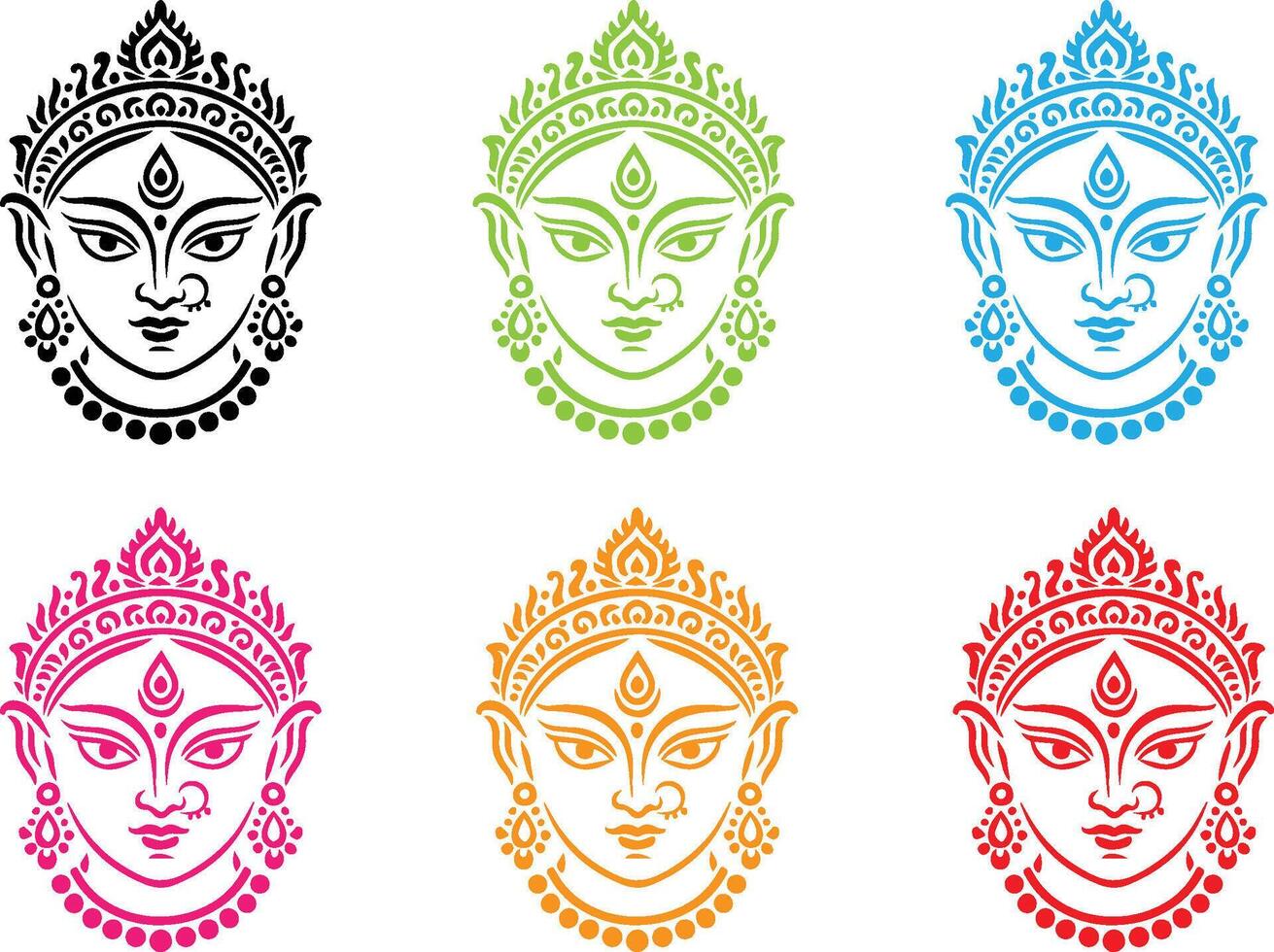 Durga Face Silhouettes in Various Colors vector