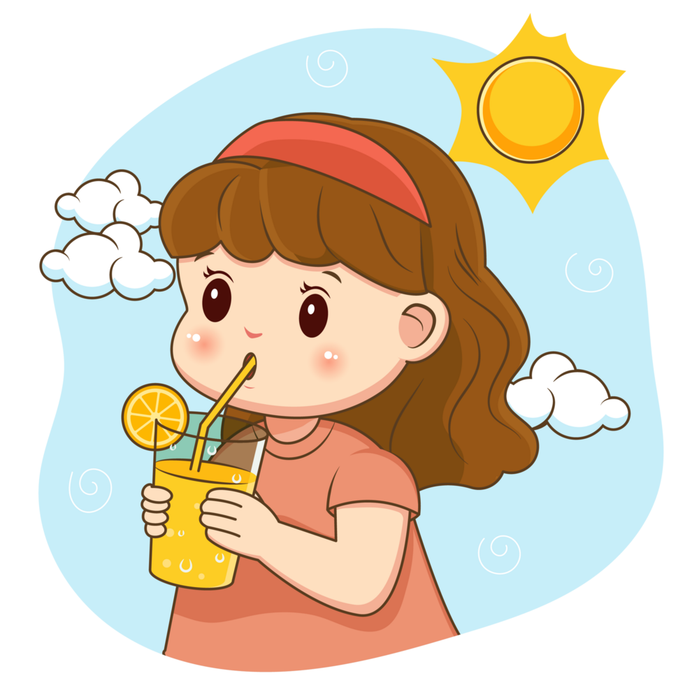 Illustration of a Cute Little Girl Drinking a Fresh Lemonade in The Summer png