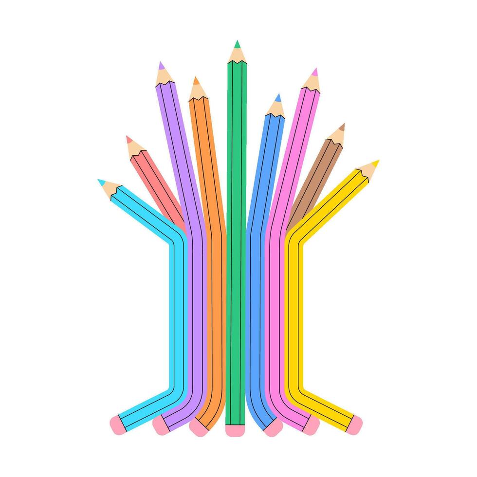 Colorful pencils arranged in the shape of a tree, symbolizing growth knowledge and creativity. The vibrant bent pencils resemble branches forming an abstract design on a white background. vector