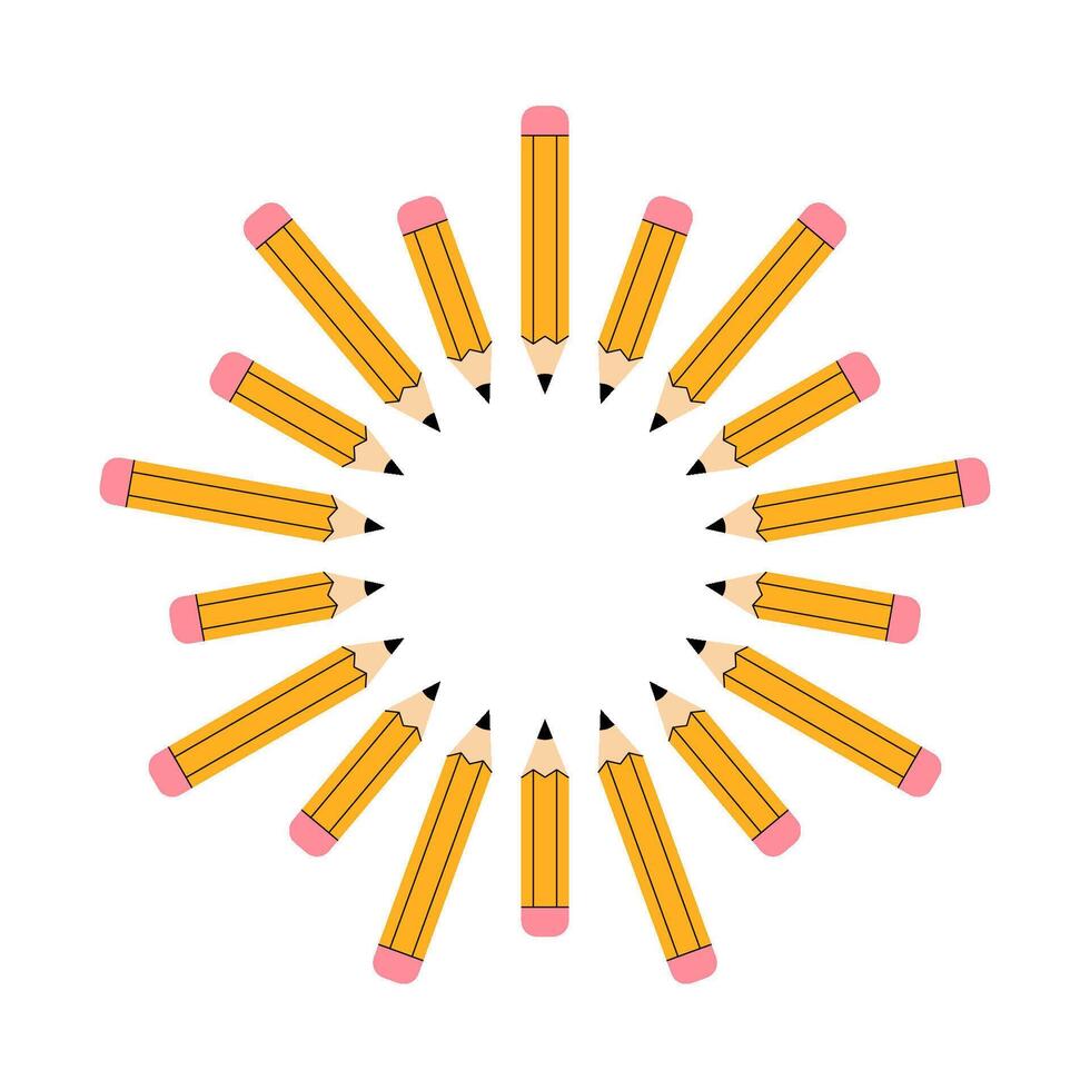 Symmetrical illustration featuring multiple yellow pencils arranged in a circular pattern resembling a sun or a decorative frame. vector