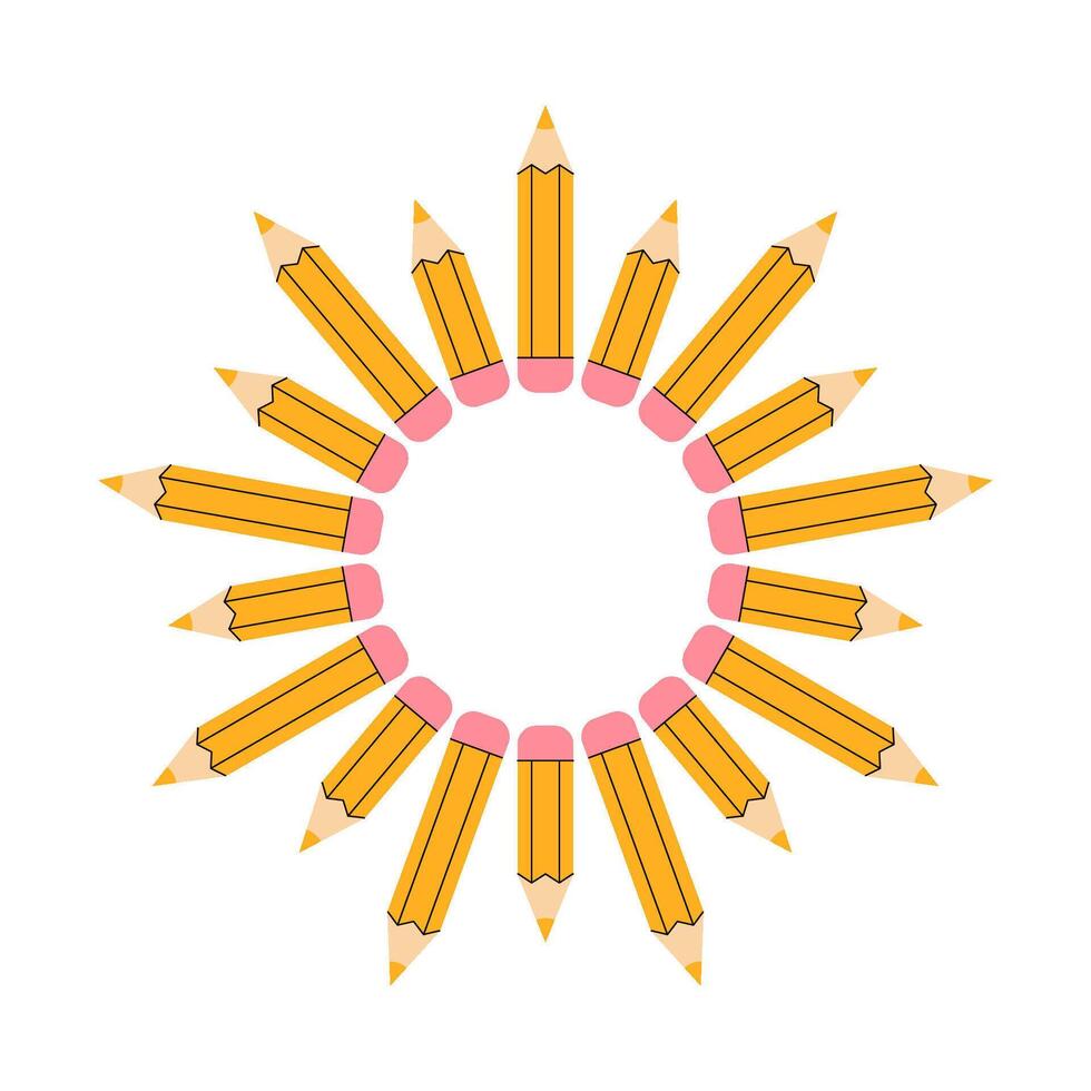 Symmetrical illustration featuring multiple pencils arranged in a circular pattern resembling a sun or a decorative frame. vector