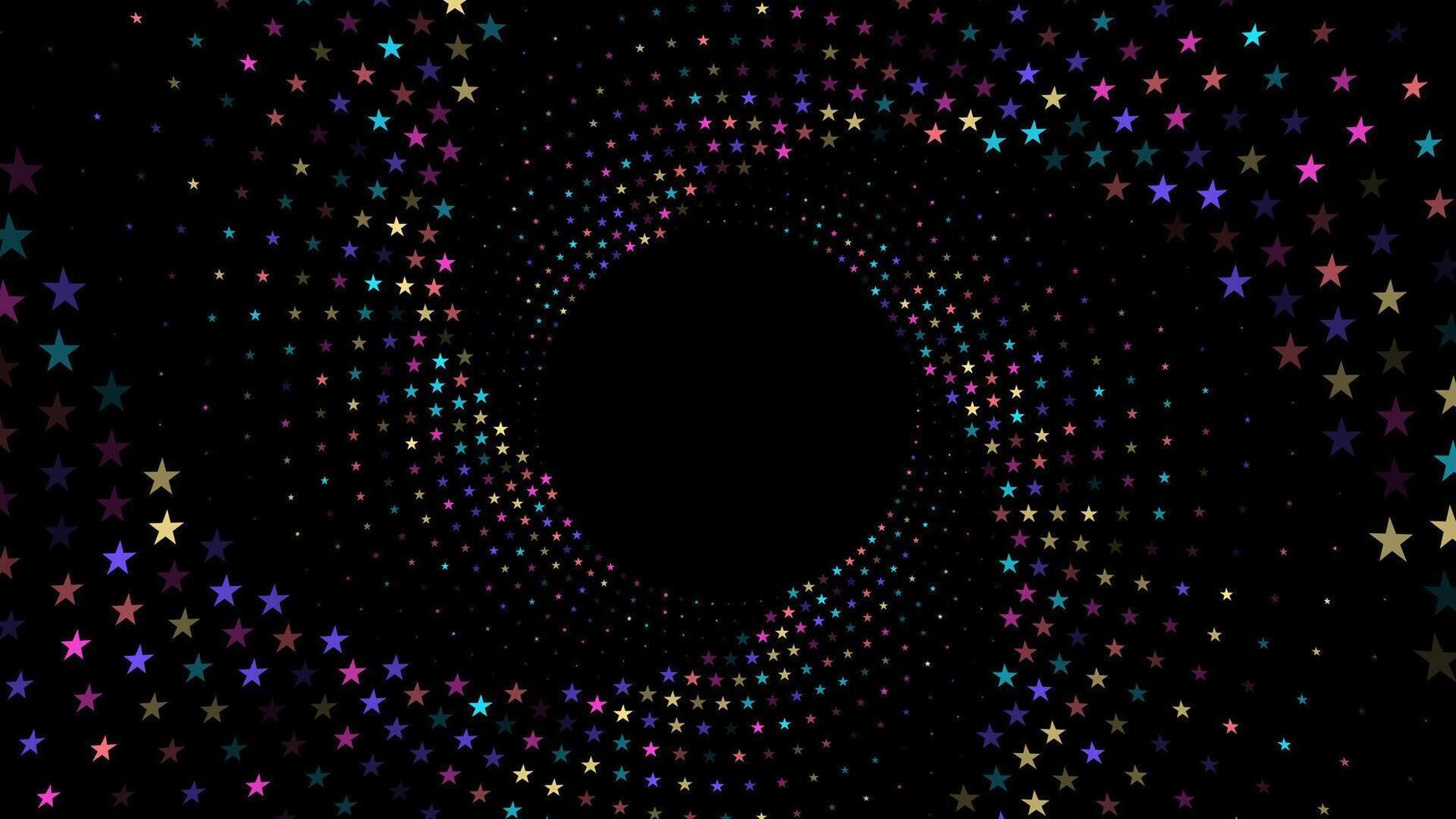 Colorful stars forming a swirling spiral pattern on a black background vector