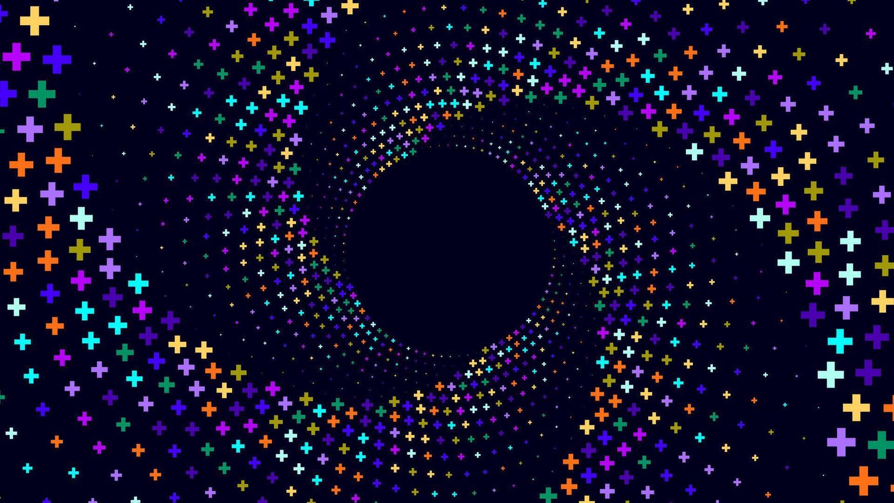 Colorful plus signs forming a swirling spiral pattern around a dark center. vector