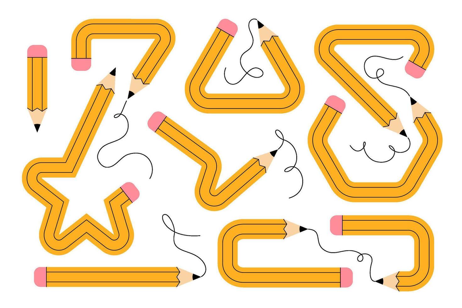 Set of multiple yellow pencils bent into various geometric and abstract shapes vector