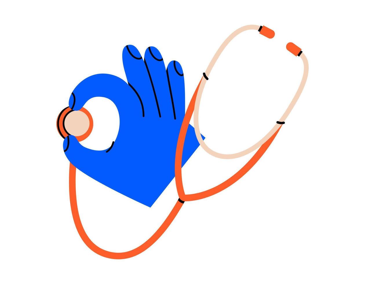 Hand drawn cute illustration of hand holding phonendoscope. Flat stethoscope medical device in arm doodle. Health care treatment sticker, icon. Hospital examination or diagnostic. Isolated. vector