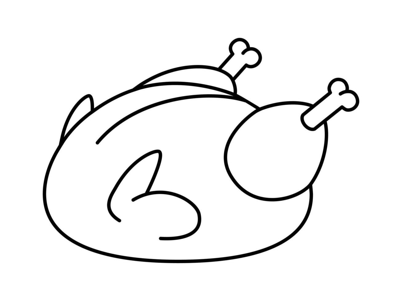 Hand drawn cute outline illustration of roasted chicken. Flat restaurant meal line art doodle. Grilled poultry. Healthy eating sticker, icon. Thanksgiving menu. Barbecue cooking. Isolated. vector