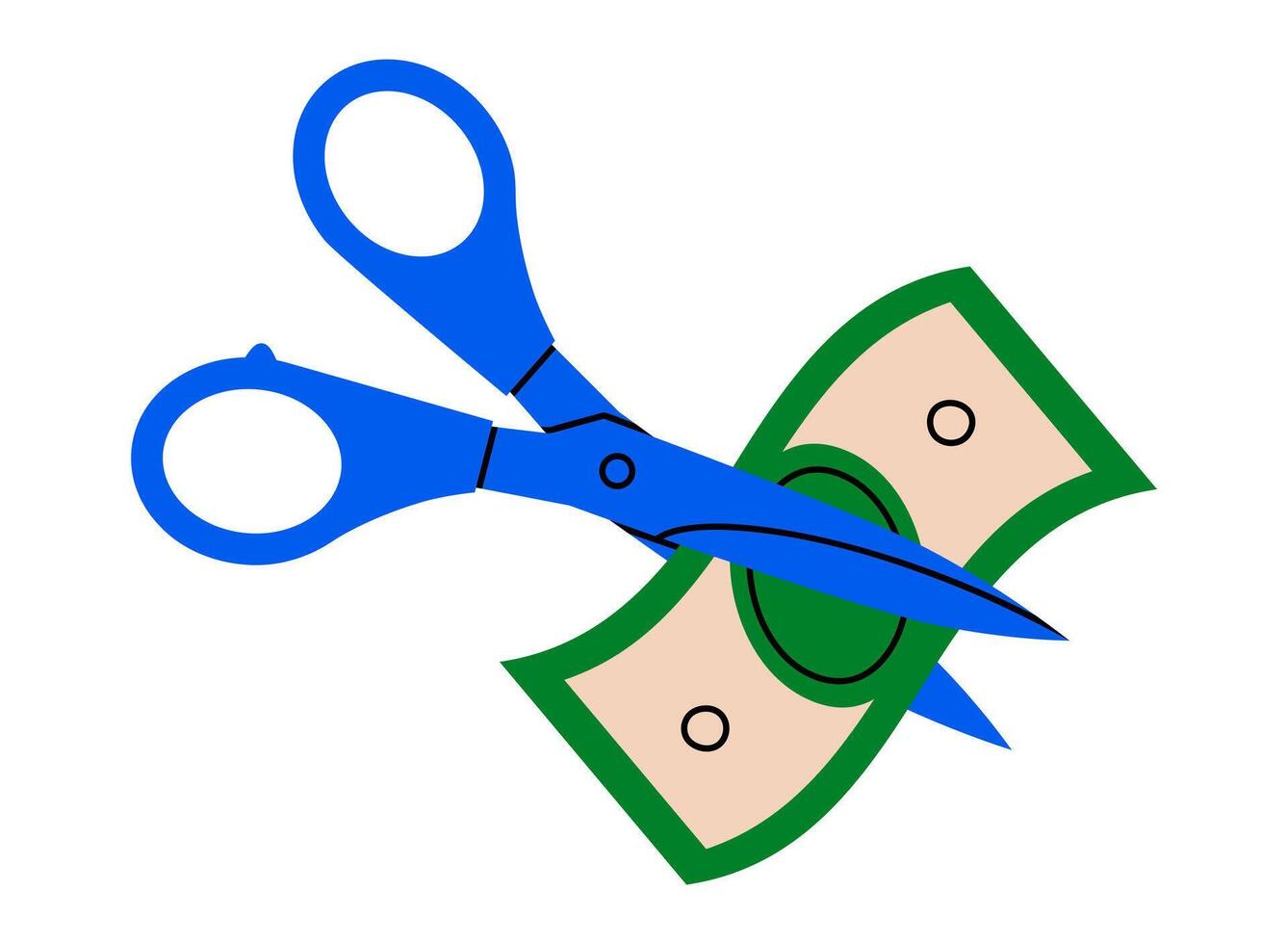 Hand drawn cute cartoon illustration of scissors cut currency money. Flat price reduction doodle. Budget deficit sign icon or sticker. Debt or credit symbol. Financial crisis. Isolated. vector