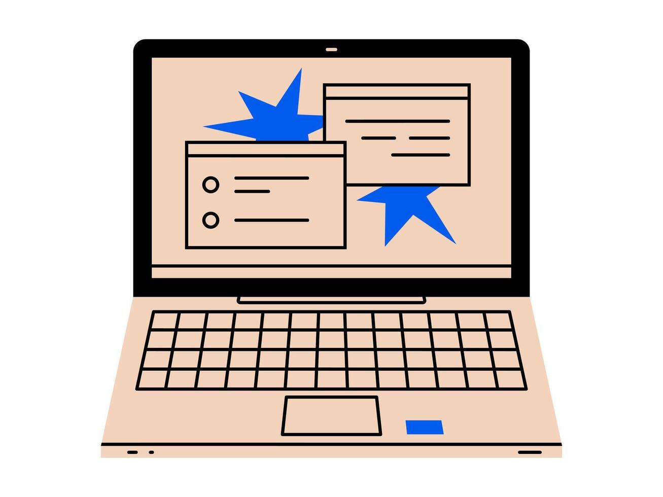 Hand drawn cute cartoon illustration of open laptop desktop. Flat education or study device doodle. Business office workplace icon. Remote work. Freelance at home computer. Isolated. vector