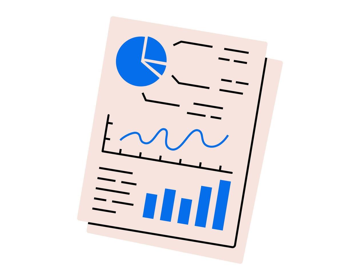 Hand drawn cute cartoon illustration of business analysis. Flat document with financial report and charts sticker doodle. Successful growth. Company statistics file icon or print. Isolated. vector