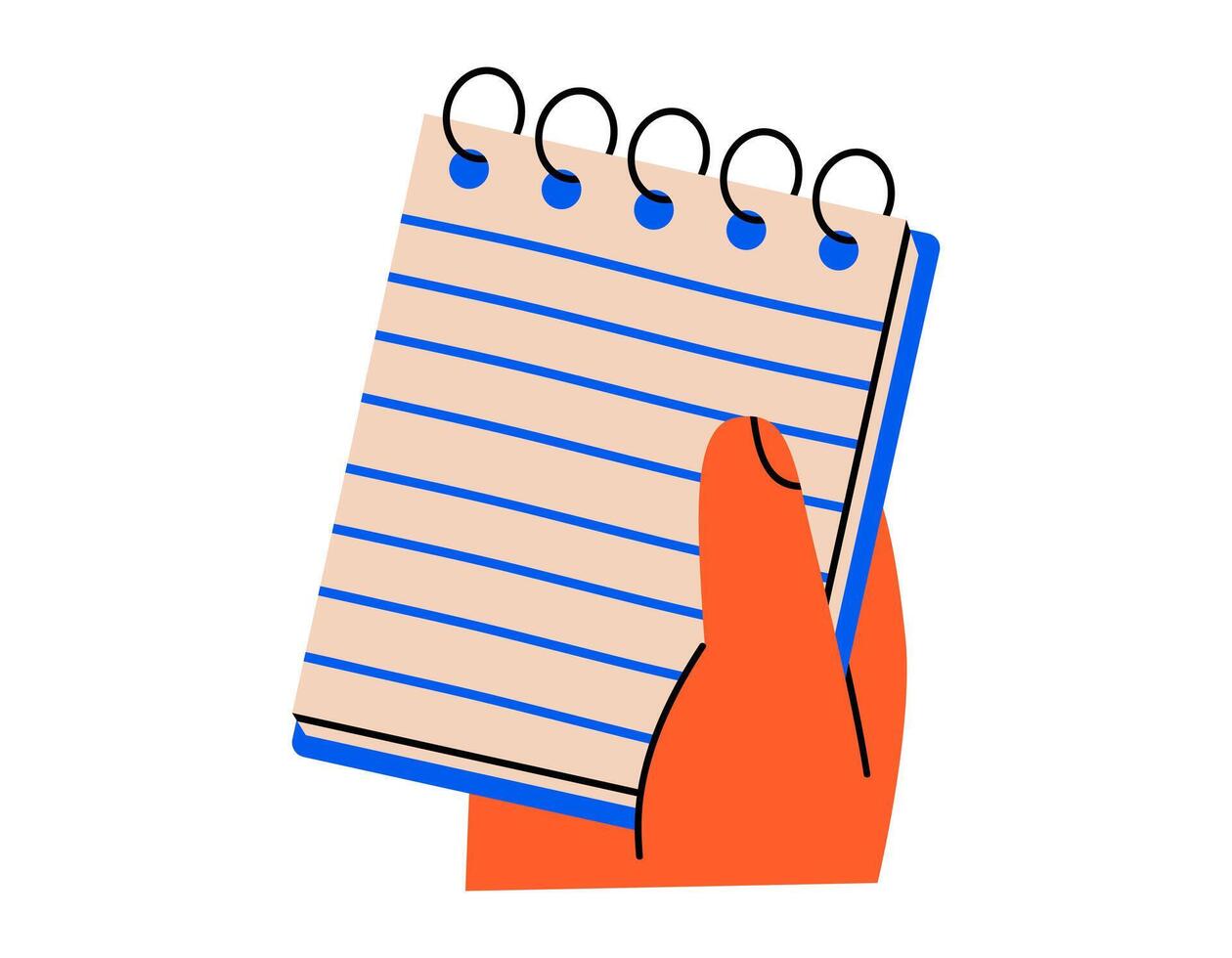 Hand drawn cute illustration of hand holding notebook. Flat stationery in arm doodle. Creative process. Office blank notepad sign. Education or study sticker, icon. Back to school. Isolated. vector