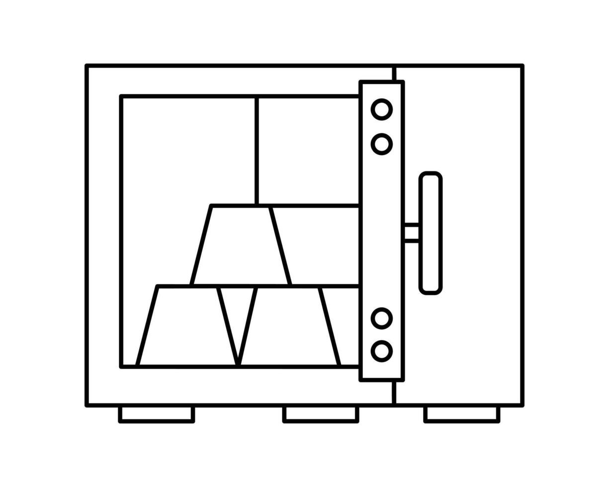 Hand drawn cute outline illustration of open safe. Flat strongbox with gold bars line art sticker doodle. Treasure box icon. Money protection. Bank deposit or savings. Security system. Isolated vector