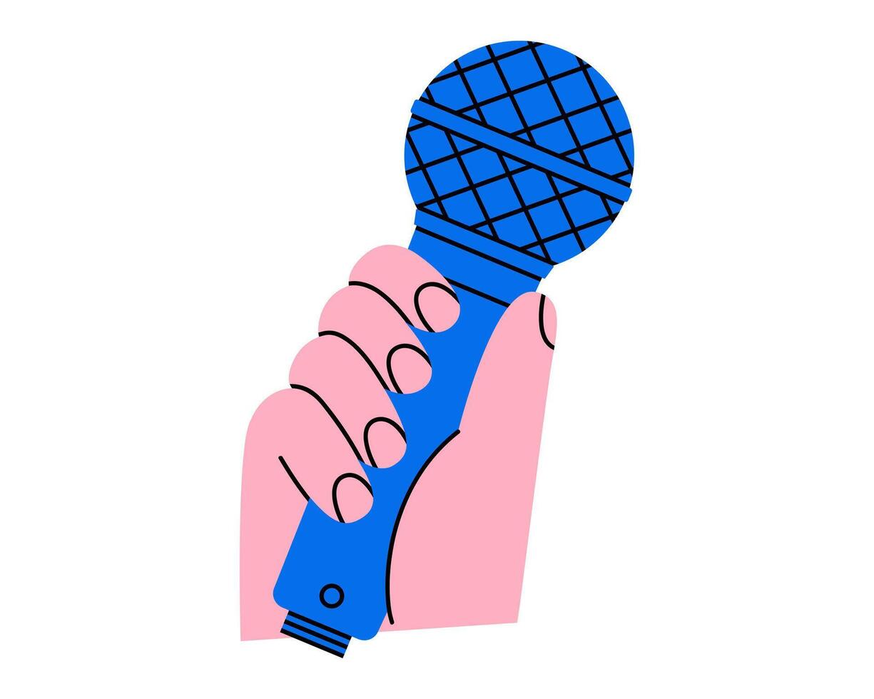 Hand drawn cute cartoon illustration of hand holding microphone. Flat sound recording sticker doodle. Speech audio device in arm icon or print. Podcast or interview studio equipment. Isolated. vector