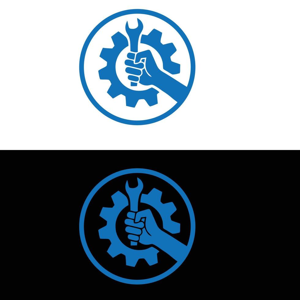 A blue and black logo for a wrench and gear vector