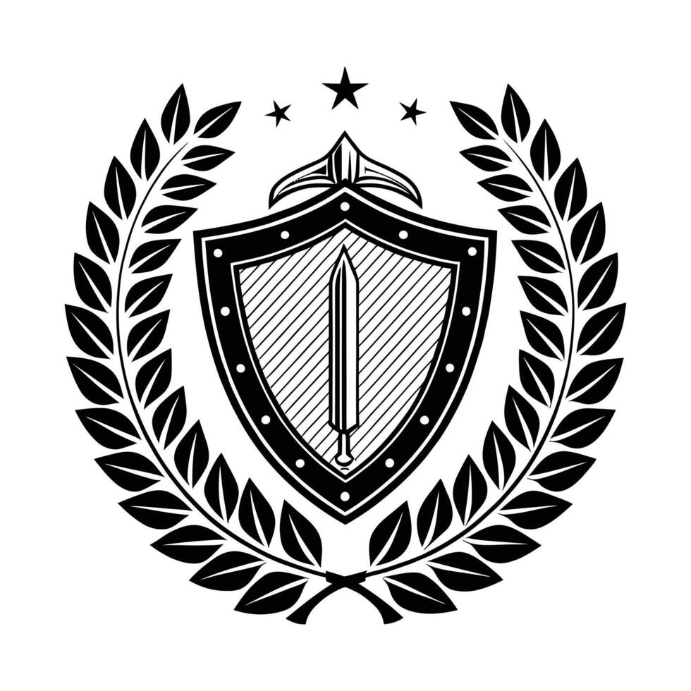 A shield with a sword in the middle and laurel wreath vector