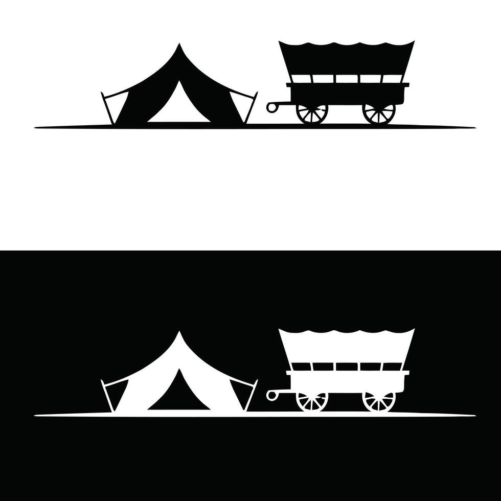 Two silhouettes of a wagon and tent vector