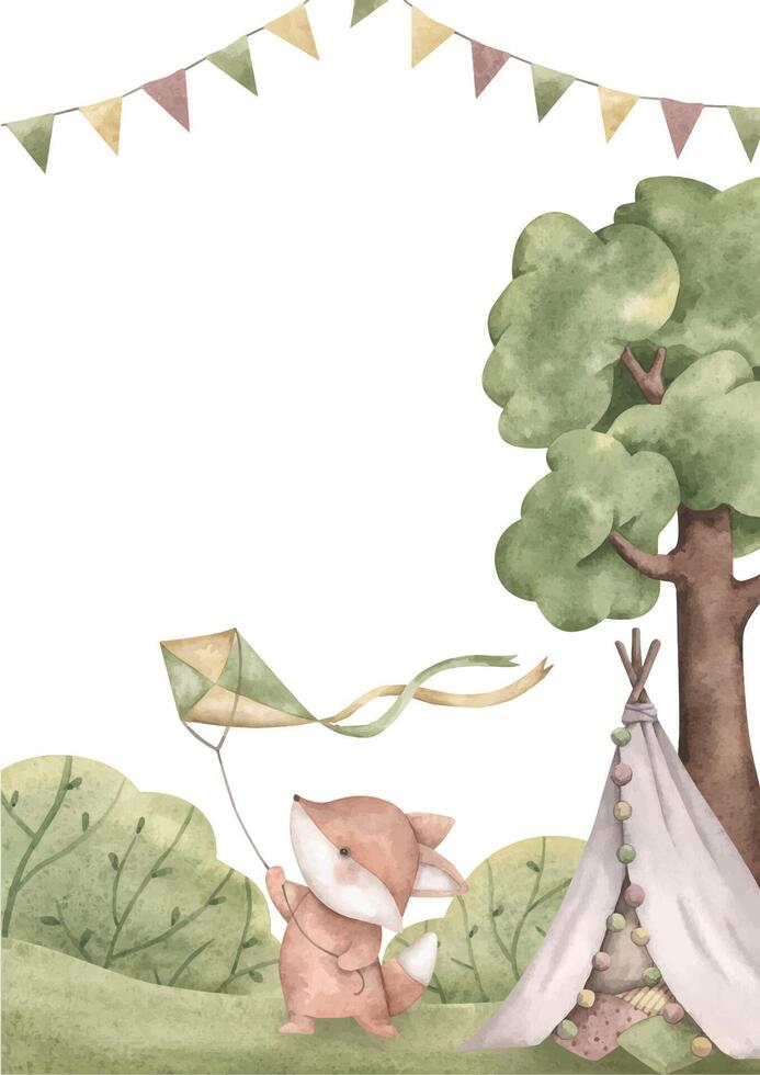 Woodland friends. Watercolor hand-drawn frame with cute fox and kite, children's hut, tree, bushes and flags. Themplate card for design baby shower, birthday, nursery. vector
