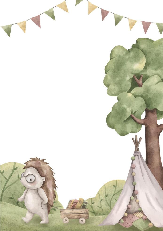 Woodland friends. Watercolor hand-drawn frame with hedgehog, cart with books, children's hut, tree, bushes and flags. Themplate card for design baby shower, birthday, nursery. vector