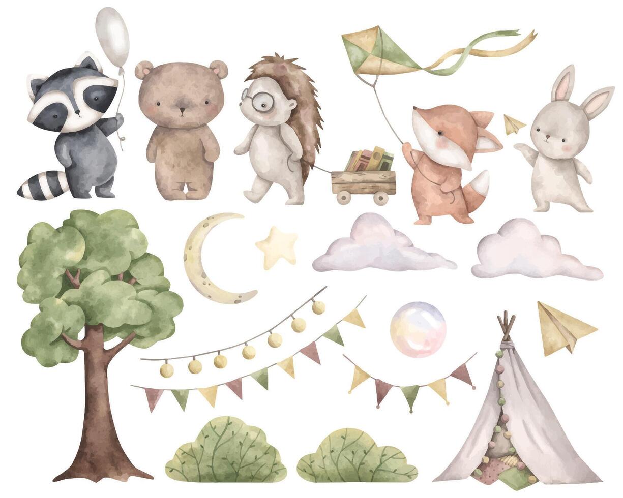 Watercolor animal illustrations for kids vector