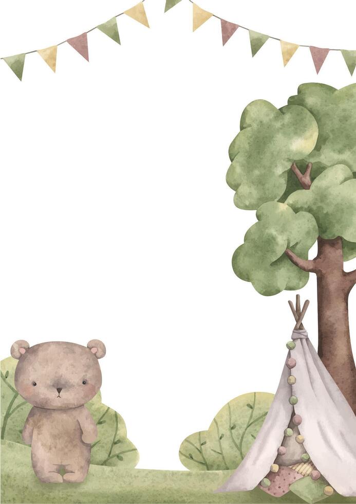 Woodland friends. Watercolor hand-drawn frame with teddy bear in a forest glade, children's hut, tree, bushes and flags. Themplate card for design baby shower, birthday, nursery. vector