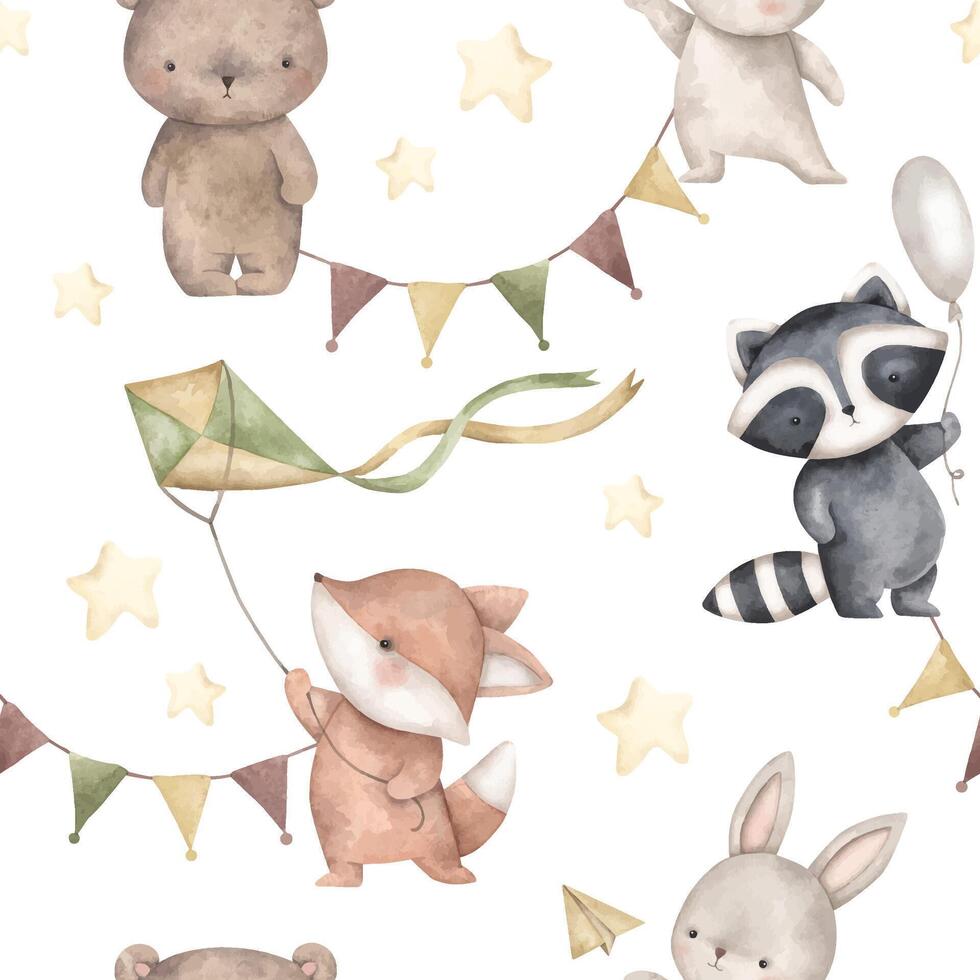 Cute watercolor animals with kites vector
