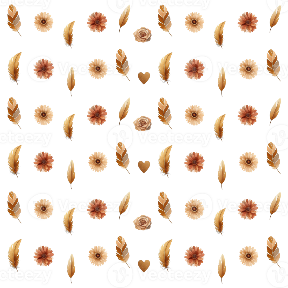 Autumn flowers and feathers seamless pattern png