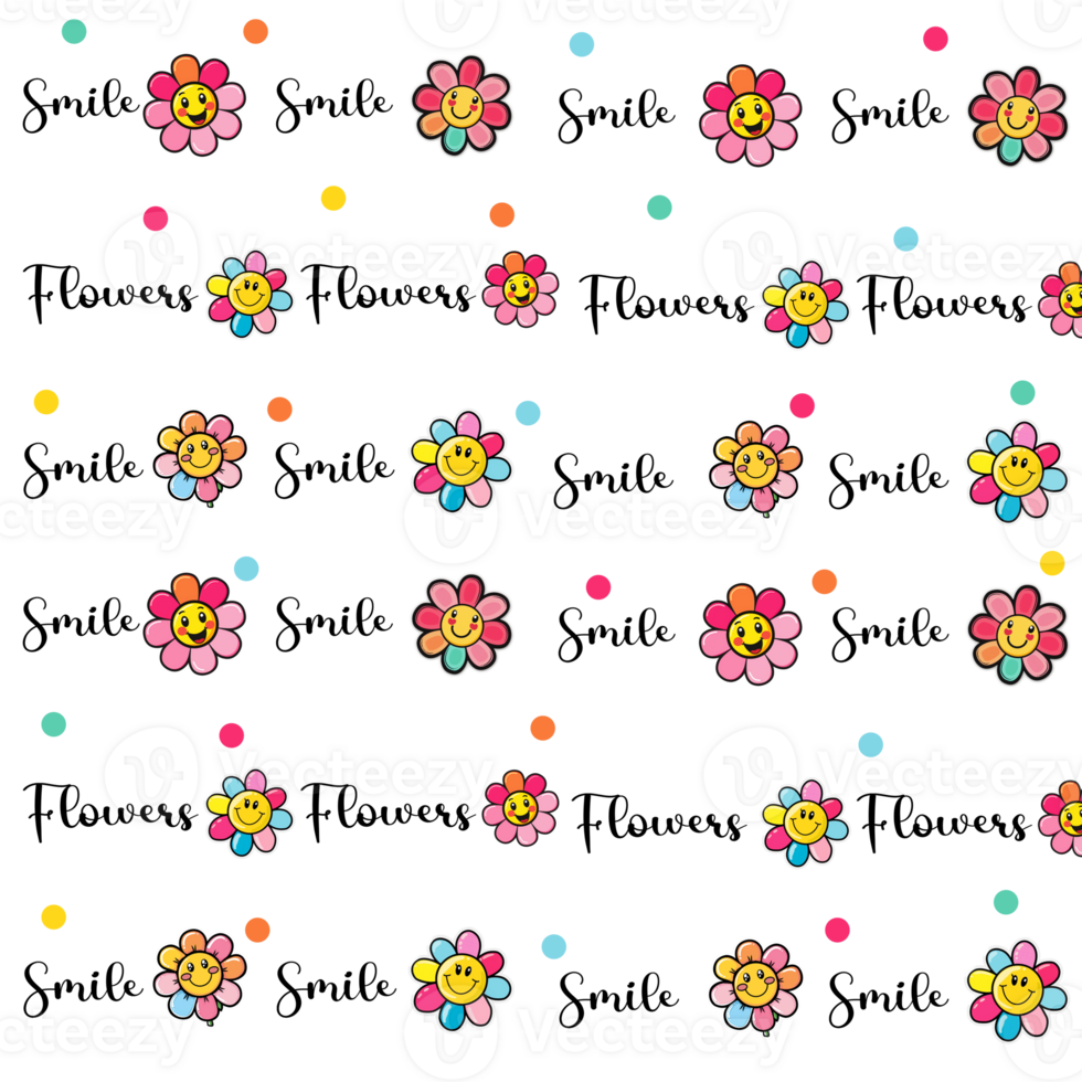 Colorful smiles flowers seamless pattern png