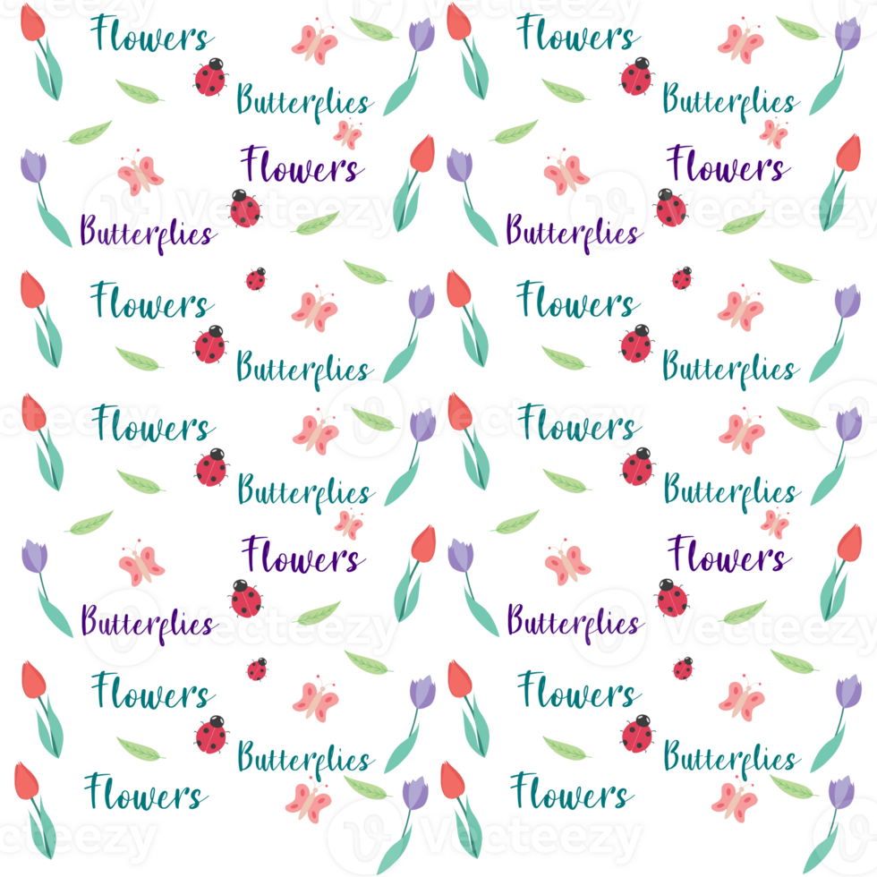 Tulips, butterflies and ladybugs seamless pattern png