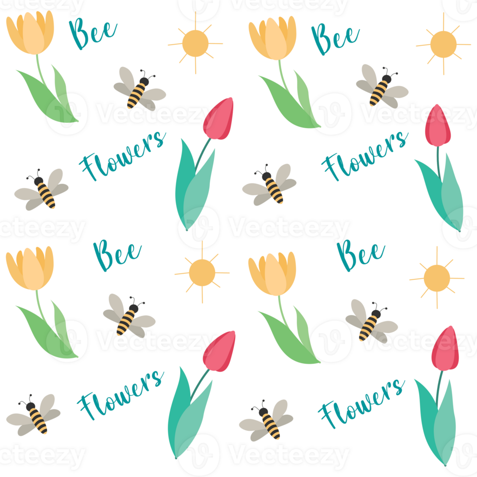 Tulips, bee and sun seamless pattern png