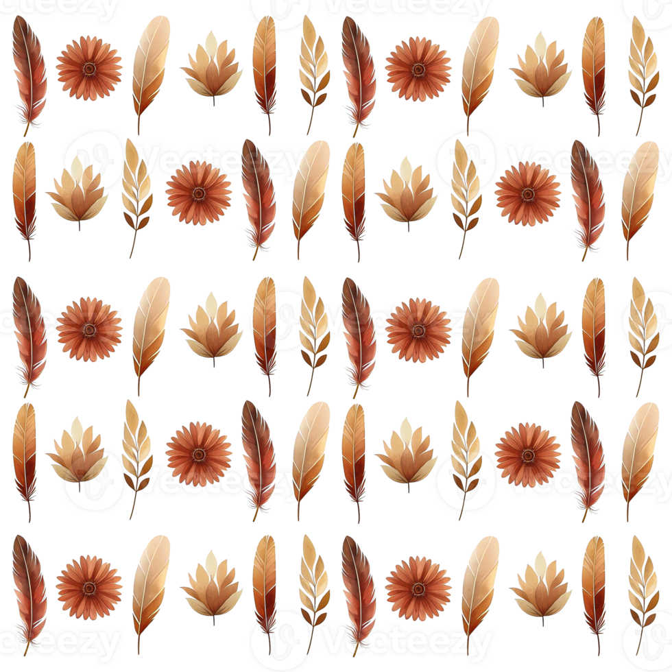 Autumn feathers and flowers seamless pattern png