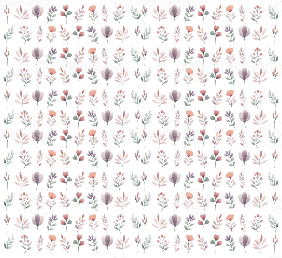 Red and purple spring flowers and leaves seamless pattern png