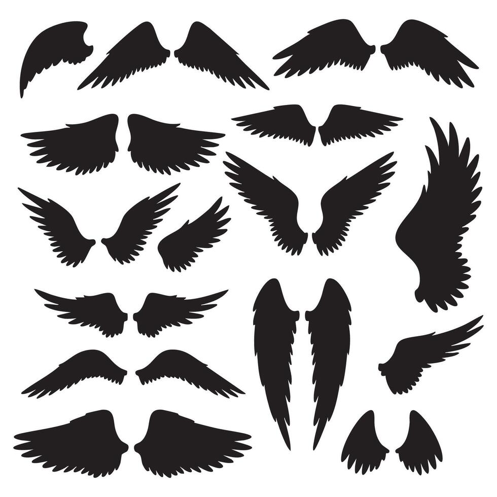 Collection of black wing silhouettes isolated on white background silhouette vector