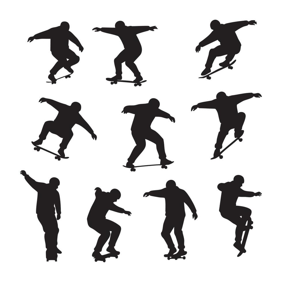 Collection of nine dynamic skateboarder silhouettes performing tricks isolated on white background silhouette vector