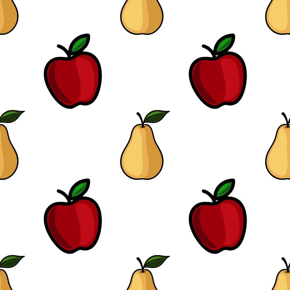 Seamless pattern featuring alternating red apples and yellow pears, rendered in a bold, cartoonish style with black outlines against a white background, creating a playful and vibrant design. vector