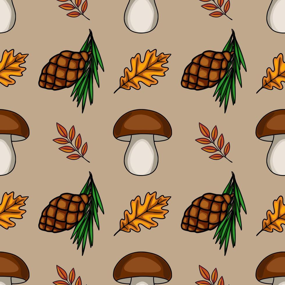 Seamless pattern featuring hand-drawn autumnal elements brown mushrooms, pine cones, oak leaves, and sprigs of pine needles, set against a muted beige background, creating a charming and ru... vector