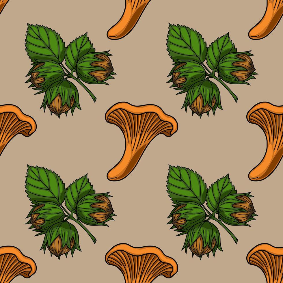 Seamless pattern featuring hand-drawn illustrations of chanterelle mushrooms and hazelnuts with leaves, creating a rustic autumnal design. vector