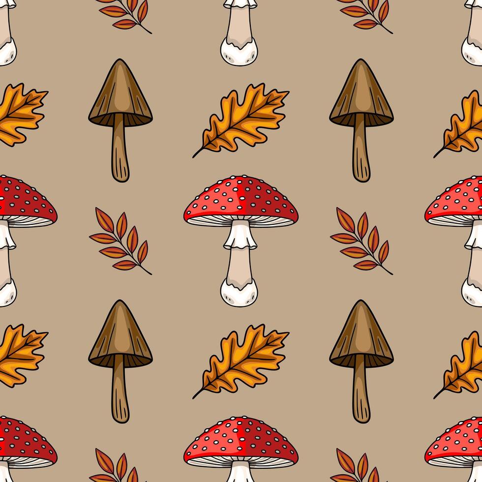 Seamless pattern featuring hand-drawn illustrations of autumn mushrooms, oak leaves, and berry branches on a neutral taupe background, creating a charming and rustic autumnal design. vector
