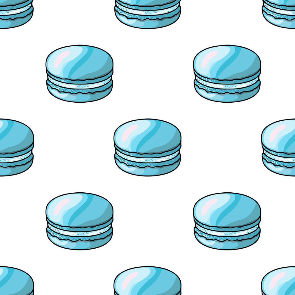 Seamless pattern of hand drawn light blue macarons with textured filling, perfect for bakery branding or sweet themed design projects. vector