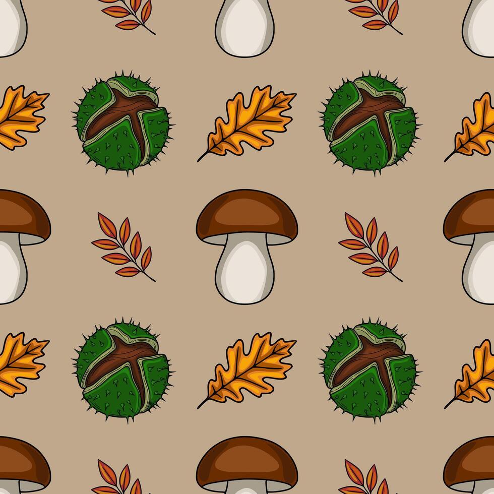 Seamless pattern featuring hand-drawn autumnal elements mushrooms, chestnuts, oak leaves, and branches with berries, creating a charming and rustic fall design. vector