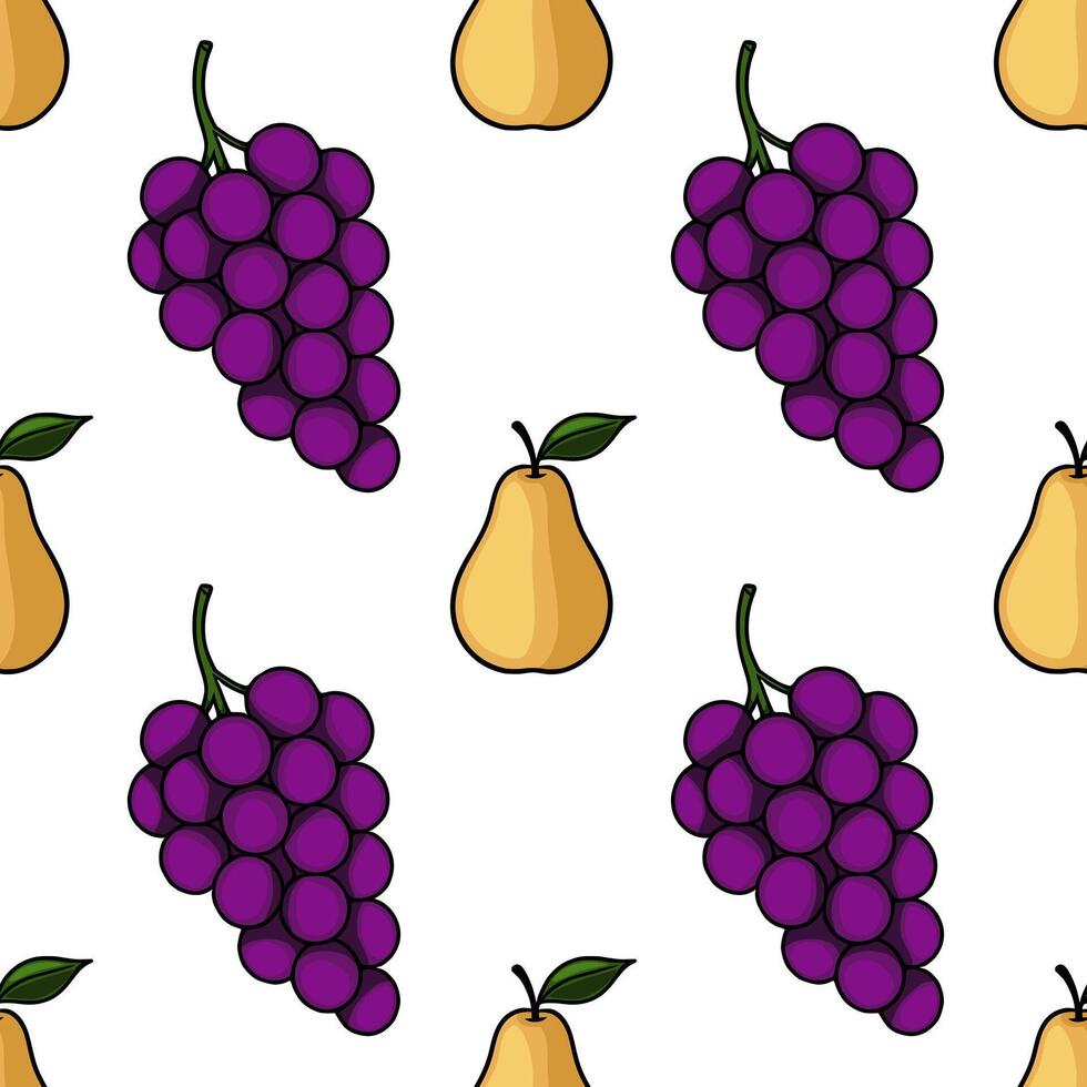 Seamless pattern featuring alternating bunches of purple grapes and golden pears, creating a vibrant and playful fruit design. vector