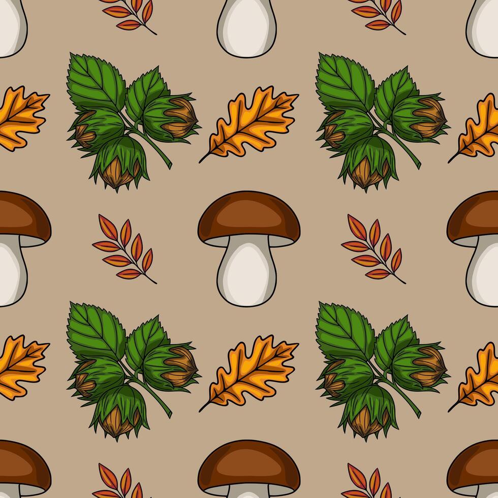 Seamless pattern with hand-drawn illustrations of mushrooms, hazelnuts, oak leaves, and autumn branches on a beige background, creating a charming autumnal design. vector