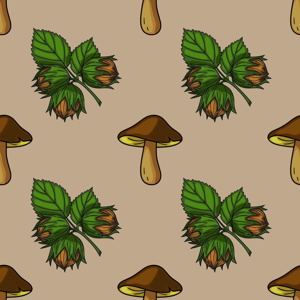 Seamless pattern featuring hand-drawn illustrations of hazelnuts with green leaves and brown mushrooms on a beige background, creating a rustic autumnal design. vector