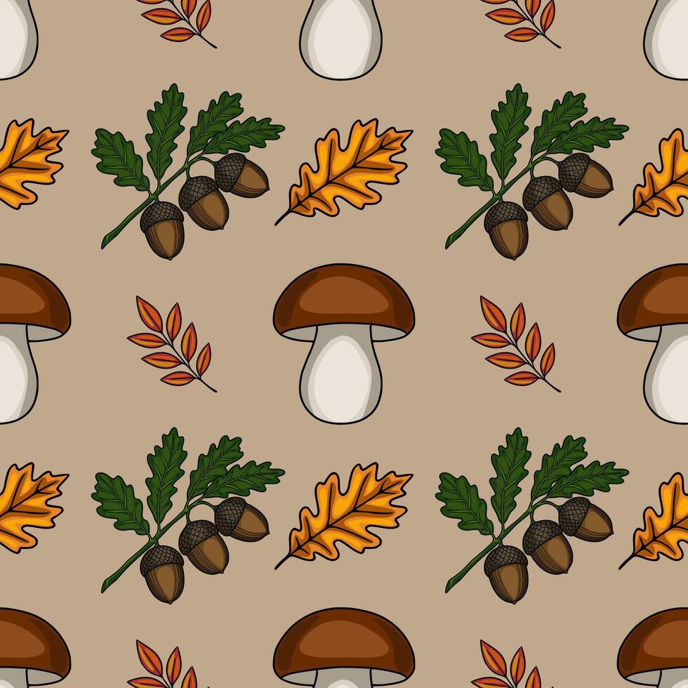 Seamless pattern featuring autumnal elements mushrooms, acorns, oak leaves, and branches, creating a charming and rustic design ideal for fall-themed projects. vector